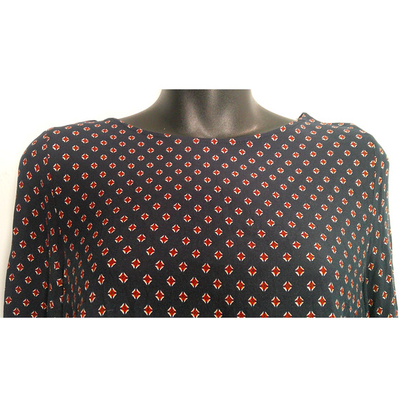 H&M Jual Tie Sleeve Midi Patterned Dress Women's 6 Round Neck Navy Red - Picture 2 of 8